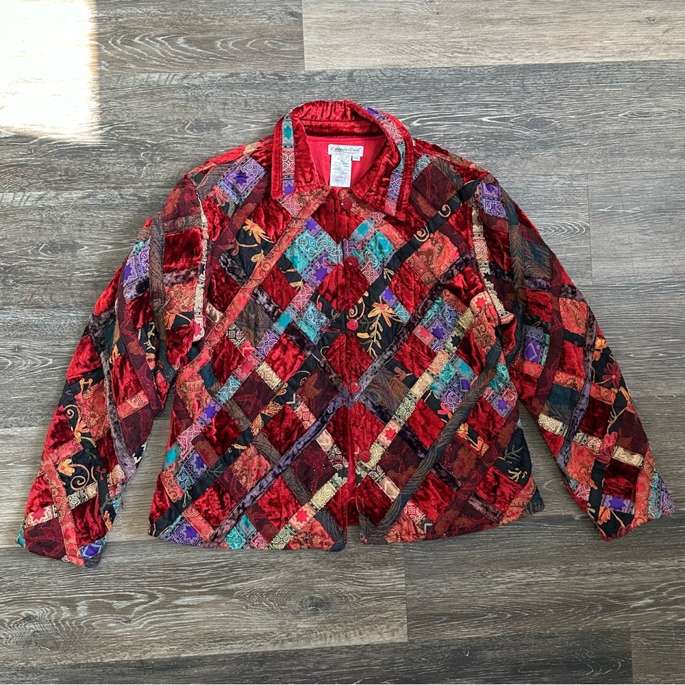 Coldwater Creek Vintage Velvet Patchwork Jacket Red Boho Whimsigoth XL
